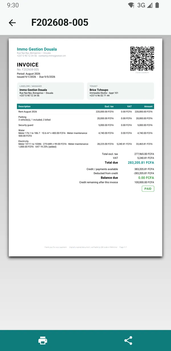 NHimmo screenshot: PDF invoice signed with a QR code