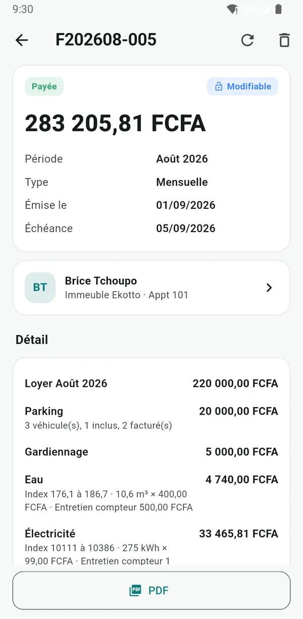Capture d'écran de NHimmo : Détail d'une facture