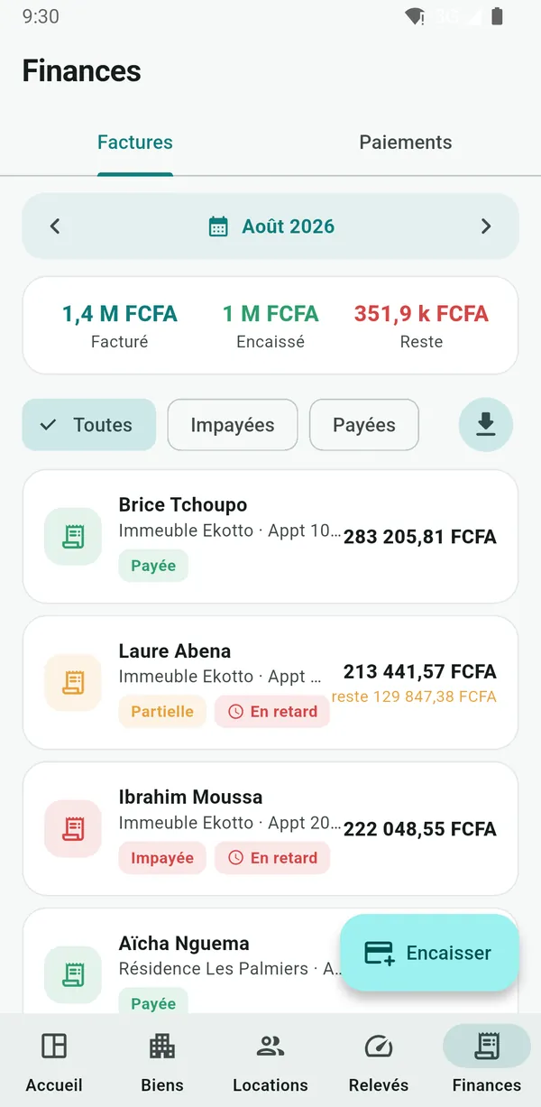 Capture d'écran de NHimmo : Factures du mois