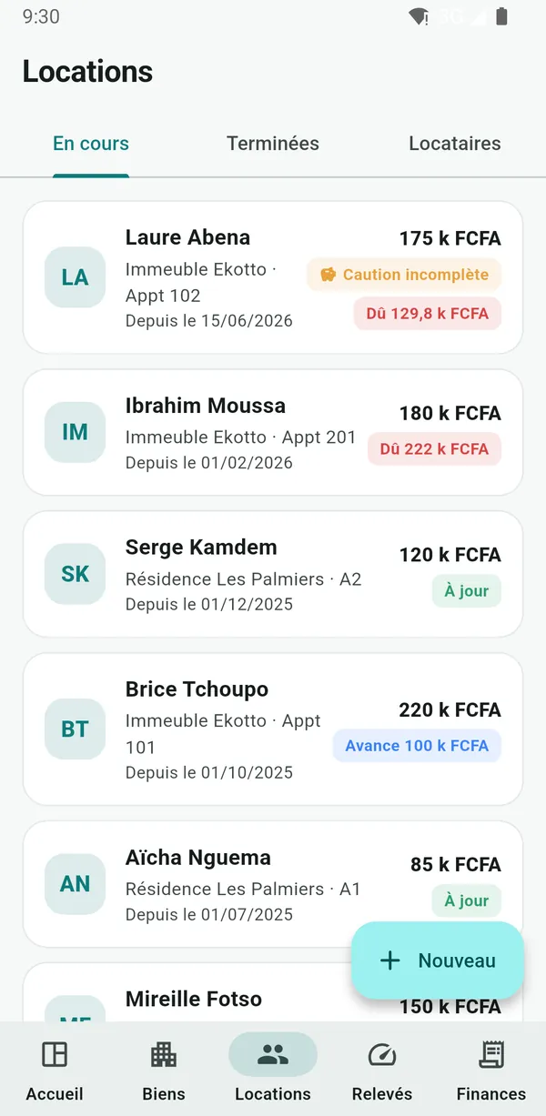Capture d'écran de NHimmo : Locations et soldes des locataires